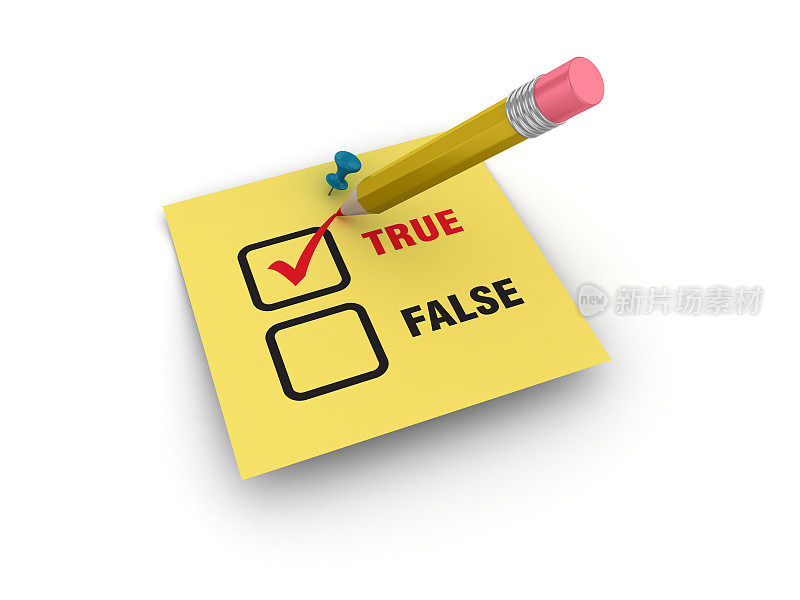 Sticky Note with True False Check List and Pencil - 3D渲染